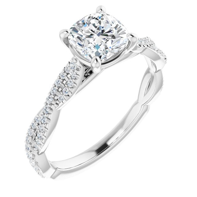 10K White Gold Customizable Cushion Cut Style with Thin and Twisted Micropavé Band