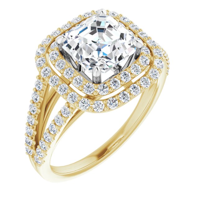 14K Yellow & White Gold Customizable Asscher Cut Design with Double Halo and Wide Split-Pavé Band