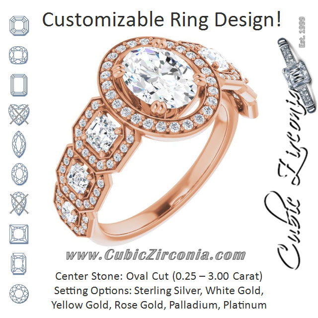 Cubic Zirconia Engagement Ring- The Carmela (Customizable Cathedral-Halo Oval Cut Design with Six Halo-surrounded Asscher Cut Accents and Ultra-wide Band)