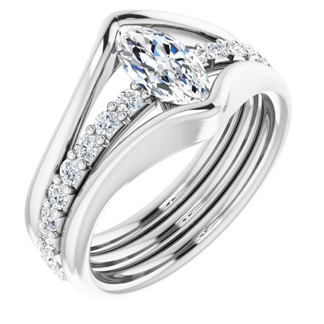 10K White Gold Customizable Bezel-set Marquise Cut Style with Thick Pavé Band