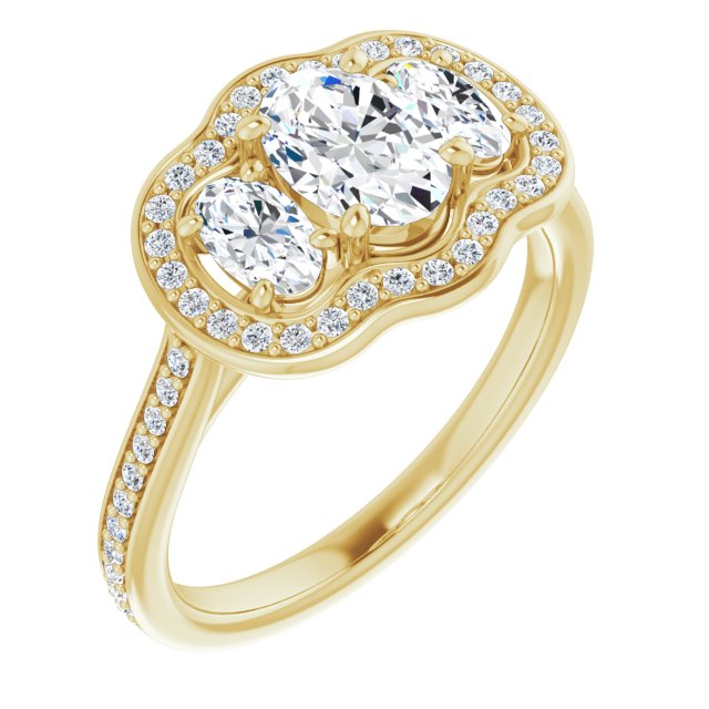 14K Yellow Gold Customizable Oval Cut Style with Oval Cut Accents, 3-stone Halo & Thin Shared Prong Band