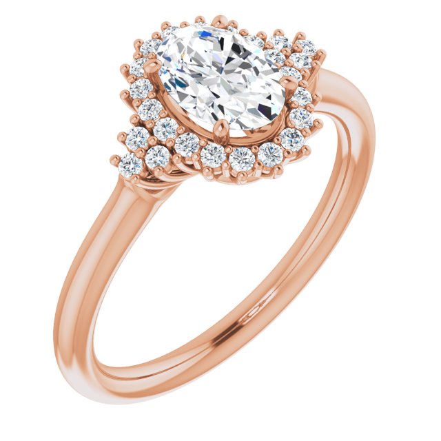 10K Rose Gold Customizable Oval Cut Cathedral-Halo Design with Tri-Cluster Round Accents