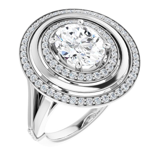 10K White Gold Customizable Oval Cut Oversized 2x Halo Style with Knuckle Accented Split Band