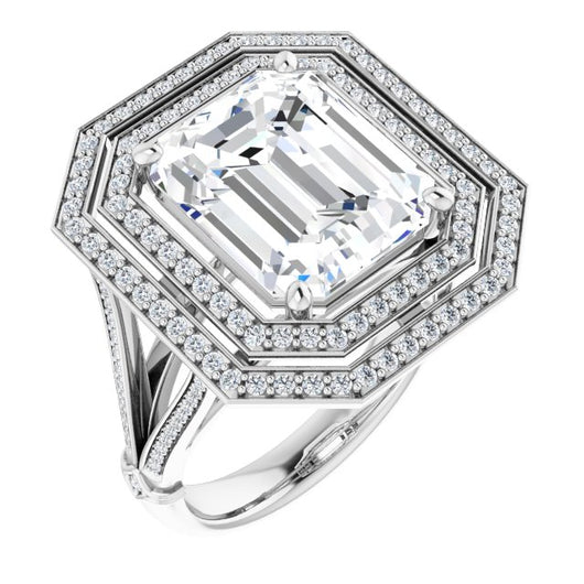 10K White Gold Customizable Cathedral-set Emerald/Radiant Cut Design with Double Halo, Wide Split-Shared Prong Band and Side Knuckle Accents