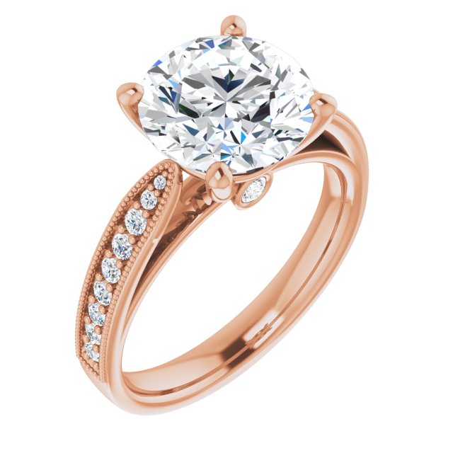 10K Rose Gold Customizable Round Cut Style featuring Milgrained Shared Prong Band & Dual Peekaboos