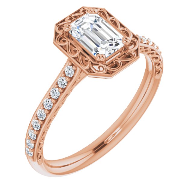 10K Rose Gold Customizable Emerald/Radiant Cut Halo Design with Filigree and Accented Band