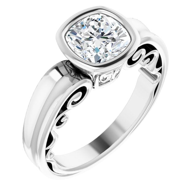 Cubic Zirconia Engagement Ring- The Fredrika (Customizable Bezel-set Cushion Cut Solitaire with Wide 3-sided Band)