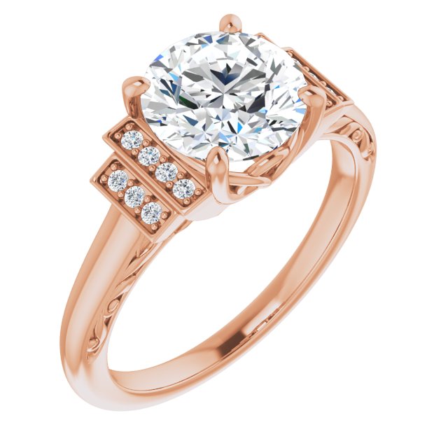 14K Rose Gold Customizable Engraved Design with Round Cut Center and Perpendicular Band Accents