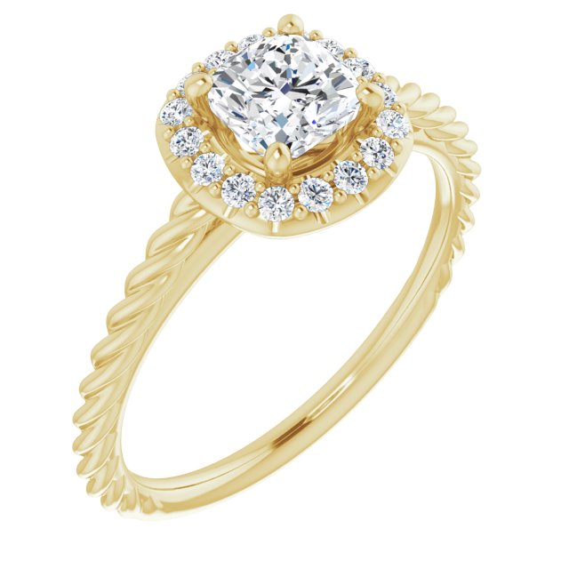 10K Yellow Gold Customizable Cathedral-set Cushion Cut Design with Halo and Twisty Rope Band