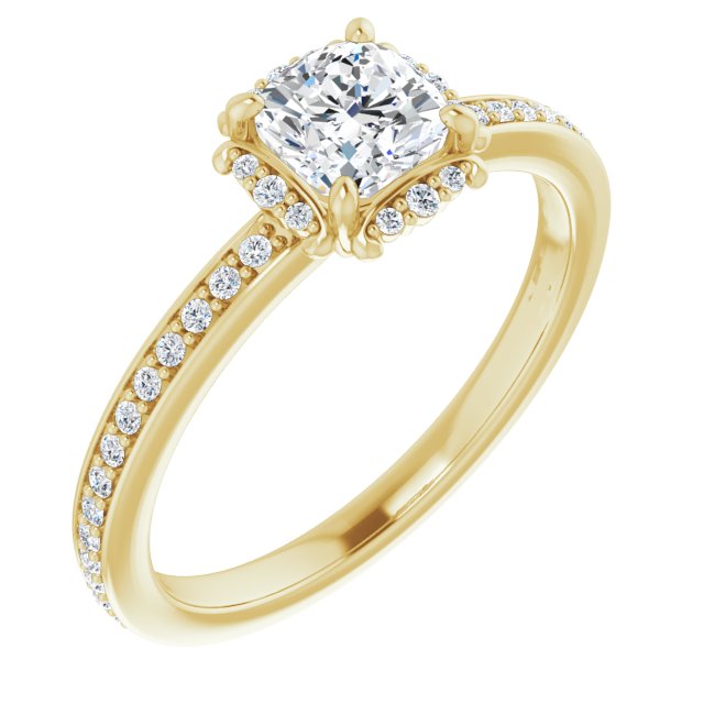 10K Yellow Gold Customizable Cushion Cut Style with Halo and Thin Shared Prong Band