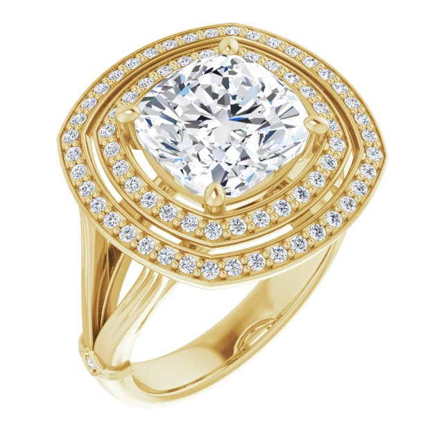 10K Yellow Gold Customizable Cathedral-set Cushion Cut Design with Double Halo, Wide Split Band and Side Knuckle Accents