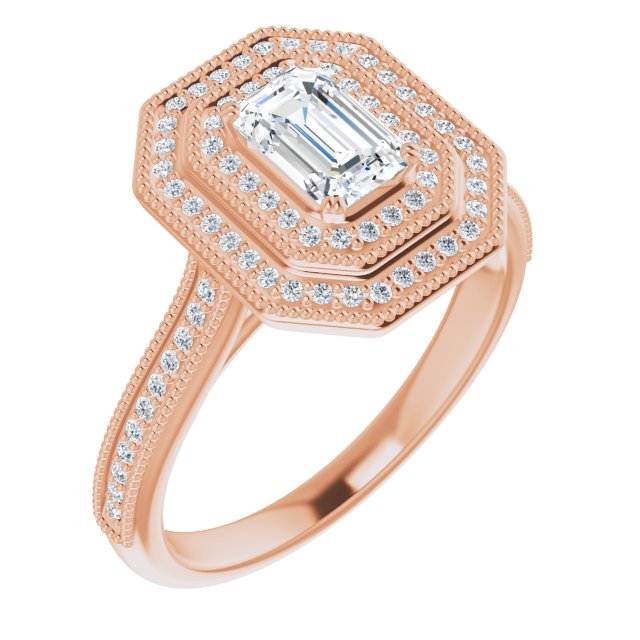 10K Rose Gold Customizable Emerald/Radiant Cut Design with Elegant Double Halo, Houndstooth Milgrain and Band-Channel Accents