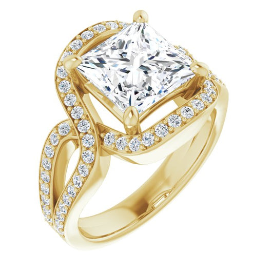 10K Yellow Gold Customizable Princess/Square Cut Center with Infinity-inspired Split Shared Prong Band and Bypass Halo