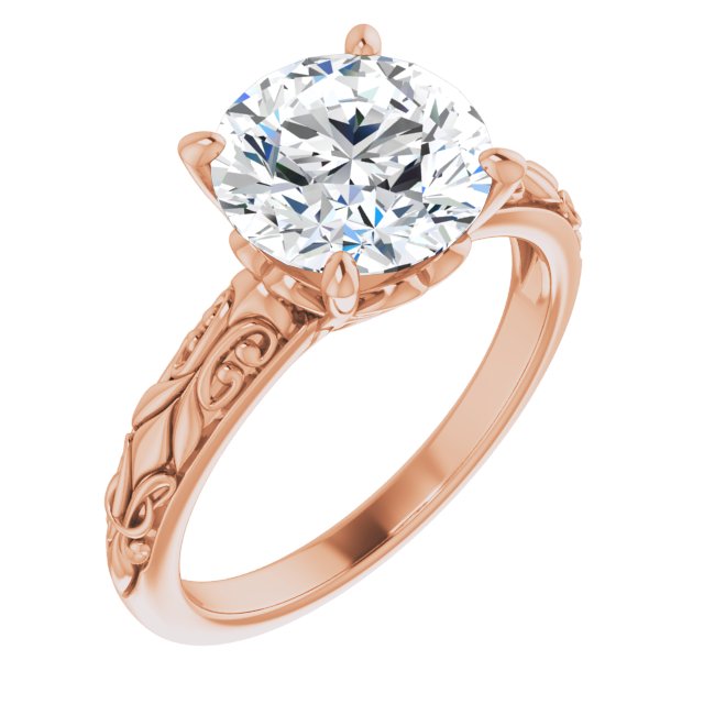 18K Rose Gold Customizable Round Cut Solitaire featuring Delicate Metal Scrollwork