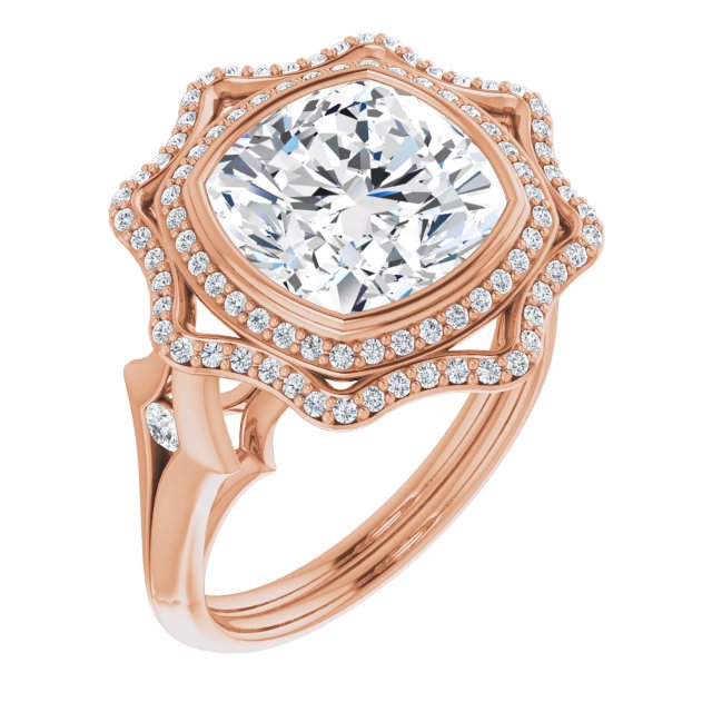 10K Rose Gold Customizable Cathedral-bezel Cushion Cut Design with Floral Double Halo and Channel-Accented Split Band