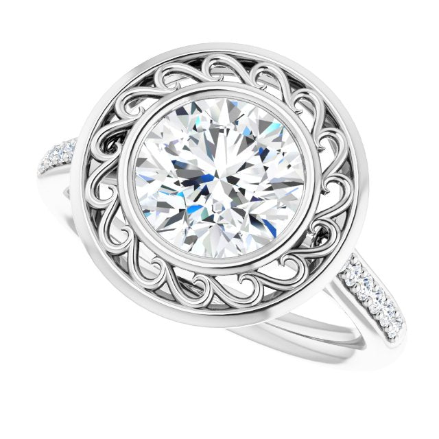 Cubic Zirconia Engagement Ring- The Hailey Belle (Customizable Cathedral-Bezel Round Cut Design with Floral Filigree and Thin Shared Prong Band)