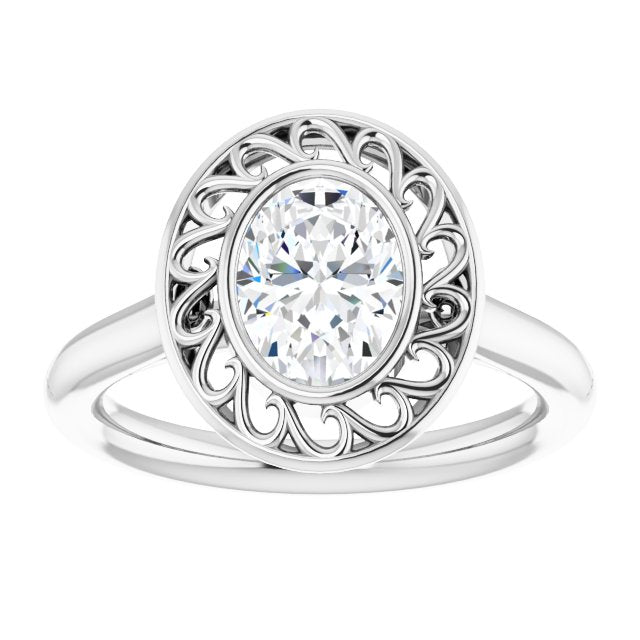 Cubic Zirconia Engagement Ring- The Addie (Customizable Cathedral-Bezel Style Oval Cut Solitaire with Flowery Filigree)
