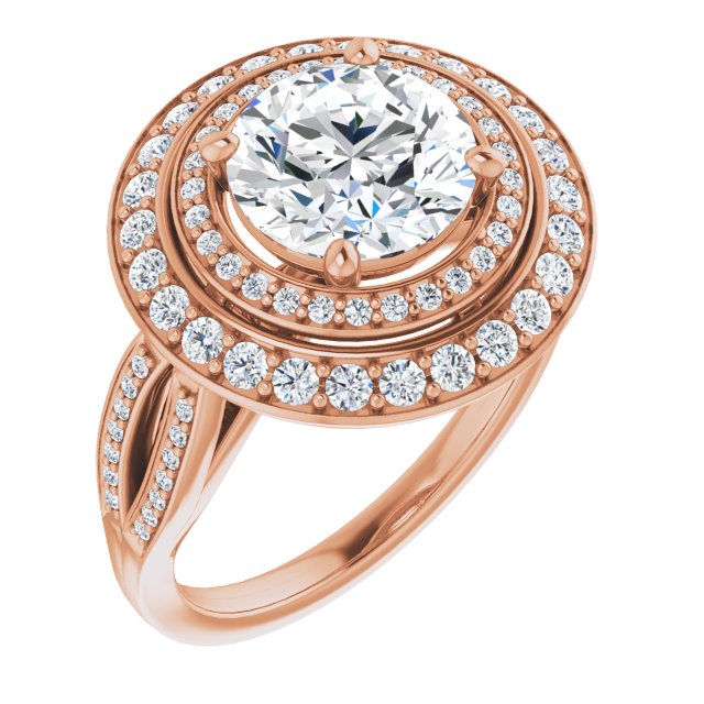 14K Rose Gold Customizable Cathedral-style Round Cut Design with Double Halo & Split-Pavé Band