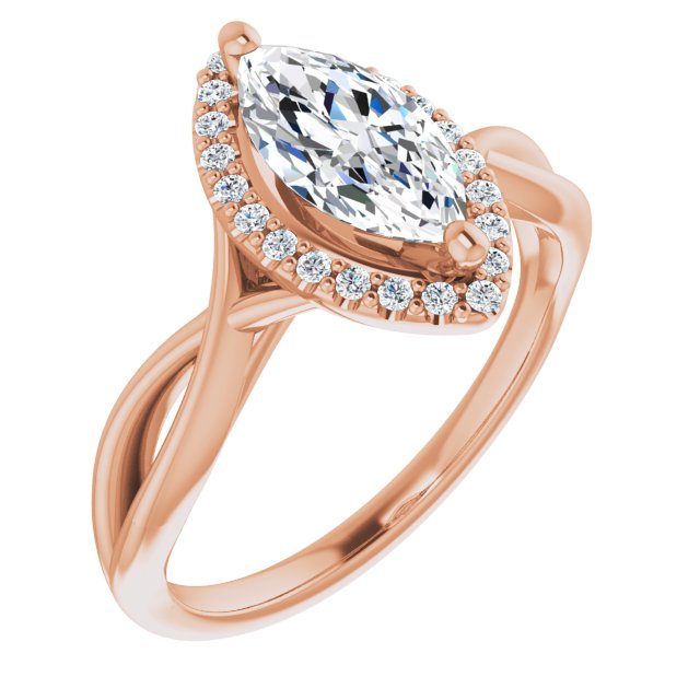 10K Rose Gold Customizable Cathedral-Halo Marquise Cut Design with Twisting Split Band