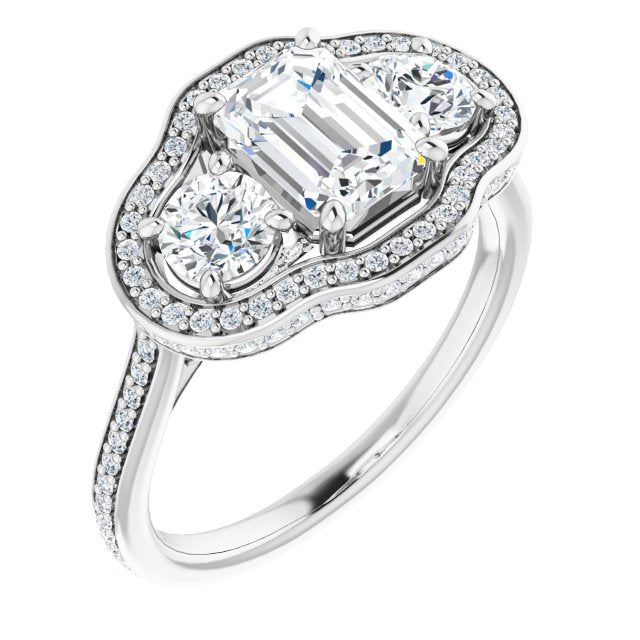 10K White Gold Customizable 3-stone Emerald/Radiant Cut Design with Multi-Halo Enhancement and 150+-stone Pavé Band