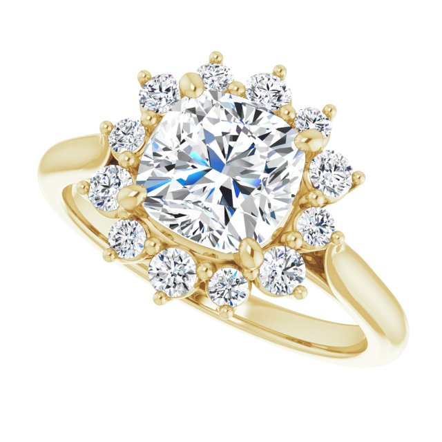 Cubic Zirconia Engagement Ring- The Honoka (Customizable Crown-Cathedral Cushion Cut Design with Clustered Large-Accent Halo & Ultra-thin Band)
