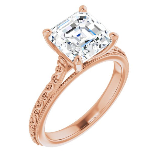 10K Rose Gold Customizable Asscher Cut Solitaire with Delicate Milgrain Filigree Band