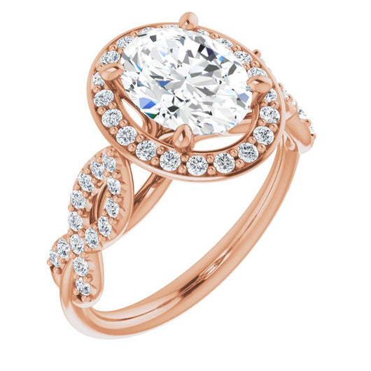 10K Rose Gold Customizable Cathedral-Halo Oval Cut Design with Artisan Infinity-inspired Twisting Pavé Band