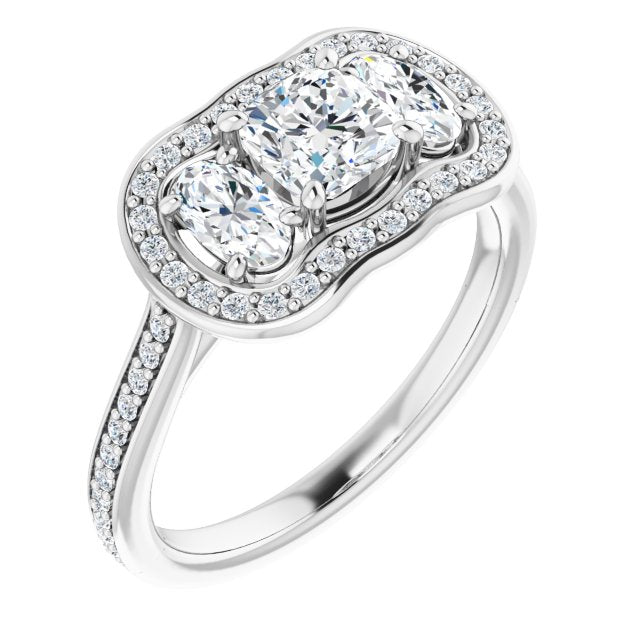 10K White Gold Customizable Cushion Cut Style with Oval Cut Accents, 3-stone Halo & Thin Shared Prong Band