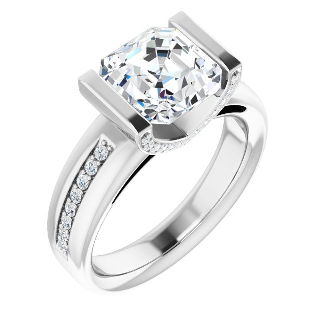 10K White Gold Customizable Cathedral-Bar Asscher Cut Design featuring Shared Prong Band and Prong Accents