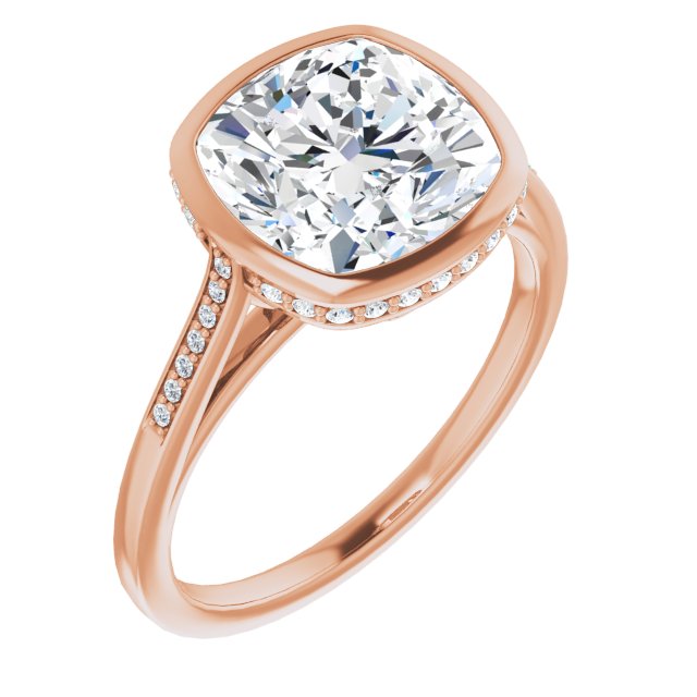 10K Rose Gold Customizable Cathedral-Bezel Cushion Cut Style with Under-halo and Shared Prong Band