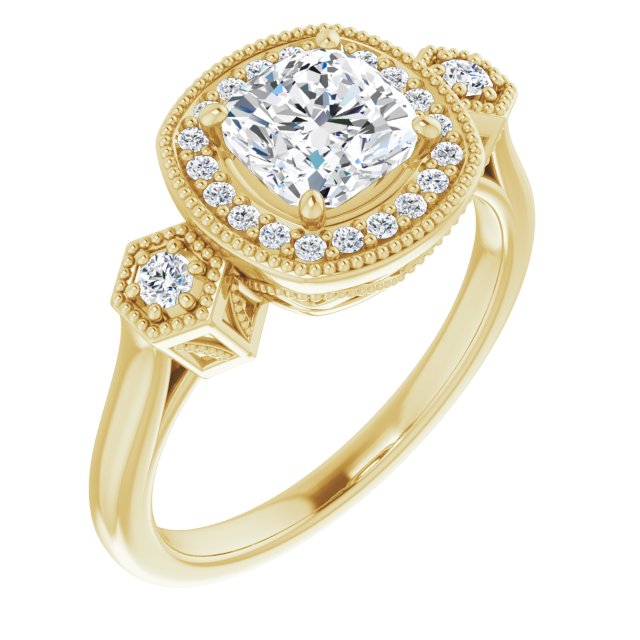 10K Yellow Gold Customizable Cathedral Cushion Cut Design with Halo and Delicate Milgrain