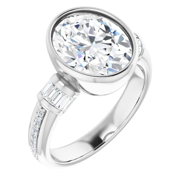 10K White Gold Customizable Cathedral-Bezel Oval Cut Style with Horizontal Baguettes & Shared Prong Band