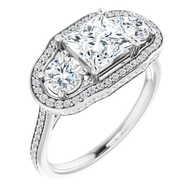 10K White Gold Customizable 3-stone Princess/Square Cut Design with Multi-Halo Enhancement and 150+-stone Pavé Band