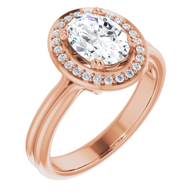Cubic Zirconia Engagement Ring- The Jeanine Marie (Customizable Oval Cut Style with Scooped Halo and Grooved Band)