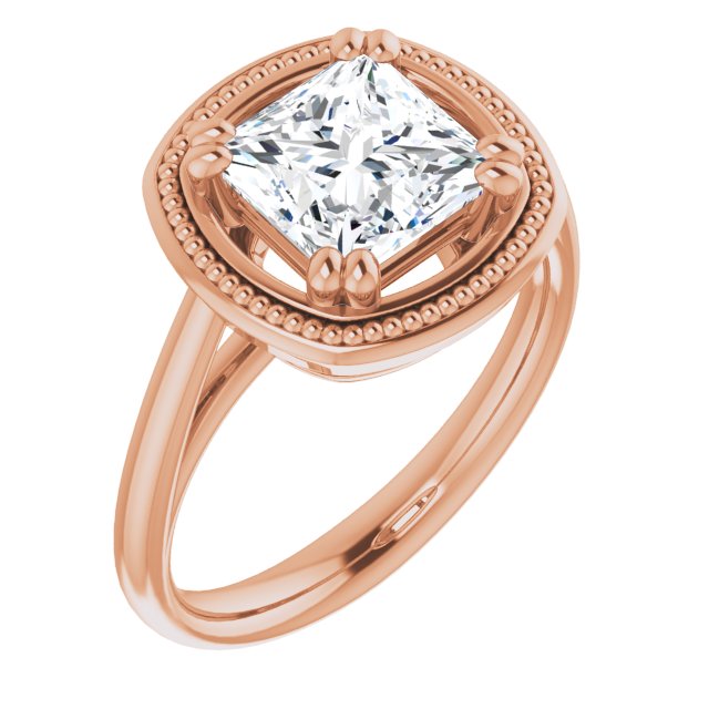 10K Rose Gold Customizable Princess/Square Cut Solitaire with Metallic Drops Halo Lookalike