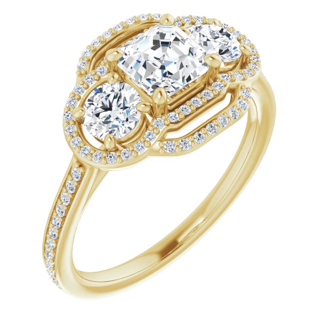 10K Yellow Gold Customizable Enhanced 3-stone Double-Halo Style with Asscher Cut Center and Thin Band