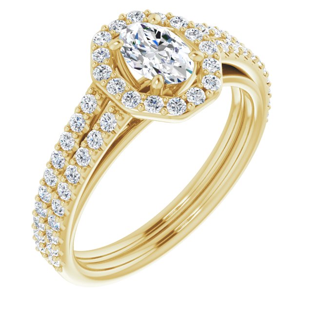 10K Yellow Gold Customizable Cathedral Oval Cut Design with Geometric Halo & Split Pavé Band