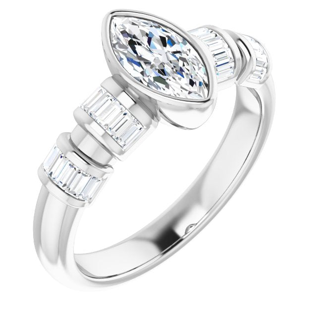 10K White Gold Customizable Bezel-set Marquise Cut Design with Quad Horizontal Band Sleeves of Baguette Accents