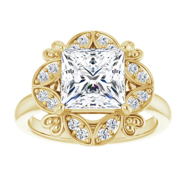 Cubic Zirconia Engagement Ring- The Hé Zhang (Customizable Princess/Square Cut Design with Floral Segmented Halo & Sculptural Basket)