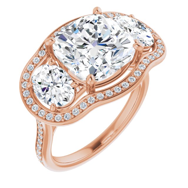 10K Rose Gold Customizable Cushion Cut Style with Oval Cut Accents, 3-stone Halo & Thin Shared Prong Band