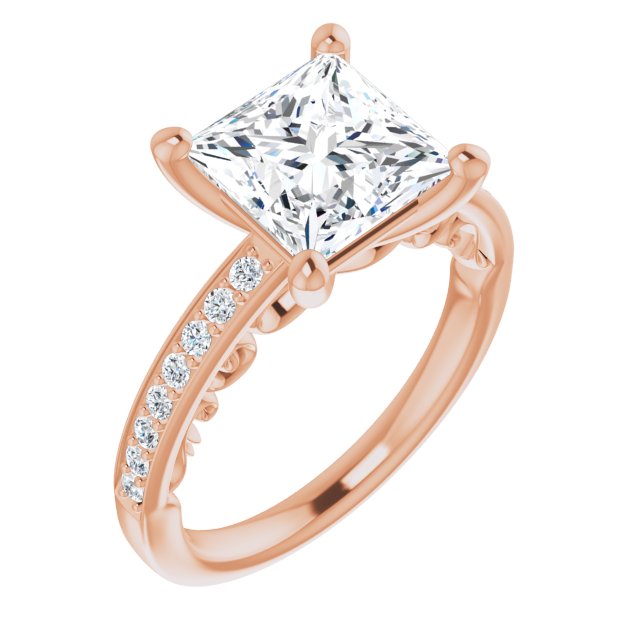10K Rose Gold Customizable Princess/Square Cut Design featuring 3-Sided Infinity Trellis and Round-Channel Accented Band