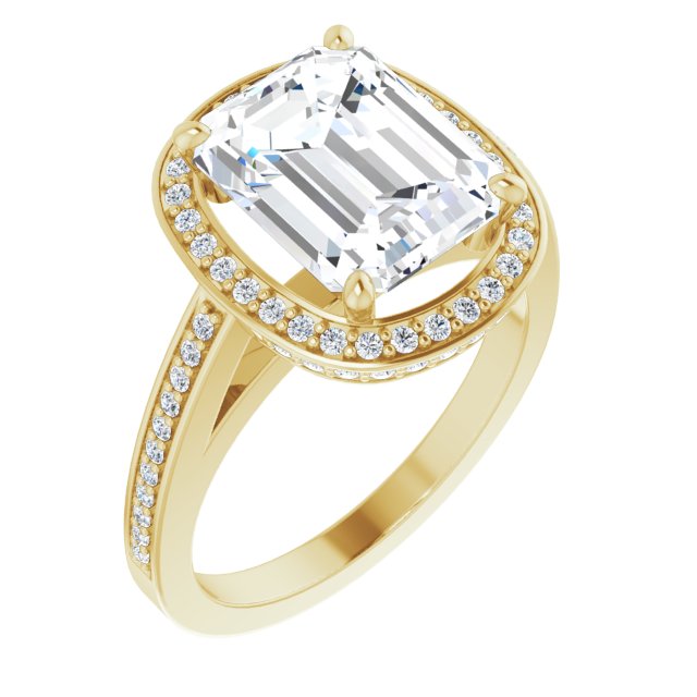 10K Yellow Gold Customizable Cathedral-set Emerald/Radiant Cut Design with Halo, Thin Pavé Band & Round-Bezel Peekaboos