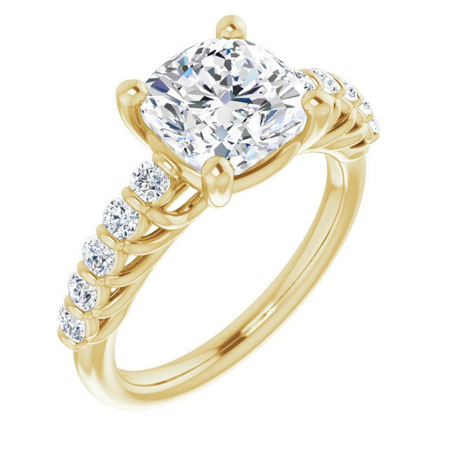 10K Yellow Gold Customizable Cushion Cut Style with Round Bar-set Accents