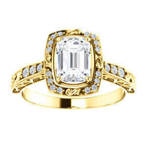 Cubic Zirconia Engagement Ring- The Sabrina (Customizable Emerald Cut Design with Flourished Semi-Halo, Band Accents and 3-sided Filigree)