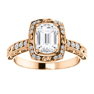 Cubic Zirconia Engagement Ring- The Sabrina (Customizable Emerald Cut Design with Flourished Semi-Halo, Band Accents and 3-sided Filigree)