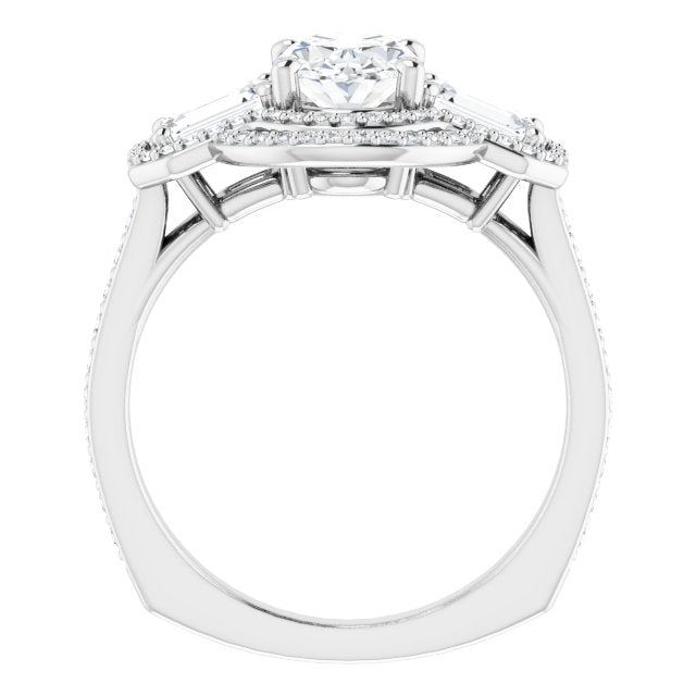 Cubic Zirconia Engagement Ring- The Fallon (Customizable Enhanced 3-stone Style with Oval Cut Center, Emerald Cut Accents, Double Halo and Thin Shared Prong Band)