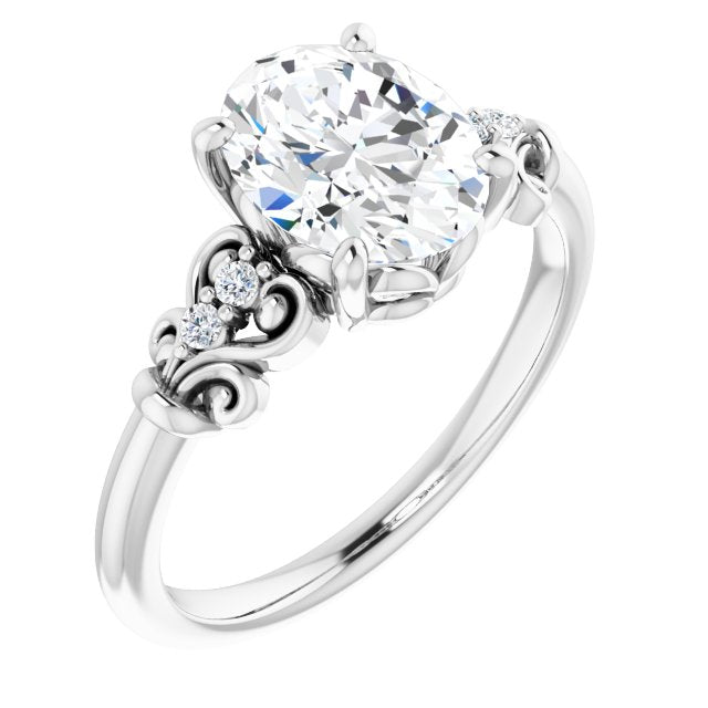 10K White Gold Customizable Vintage 5-stone Design with Oval Cut Center and Artistic Band Décor