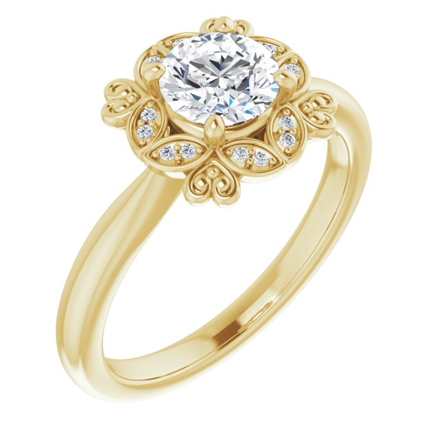 10K Yellow Gold Customizable Round Cut Design with Floral Segmented Halo & Sculptural Basket