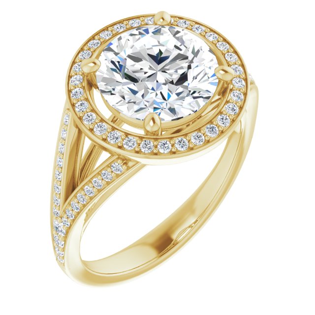 14K Yellow Gold Customizable Cathedral-Halo Round Cut Style featuring Split-Shared Prong Band