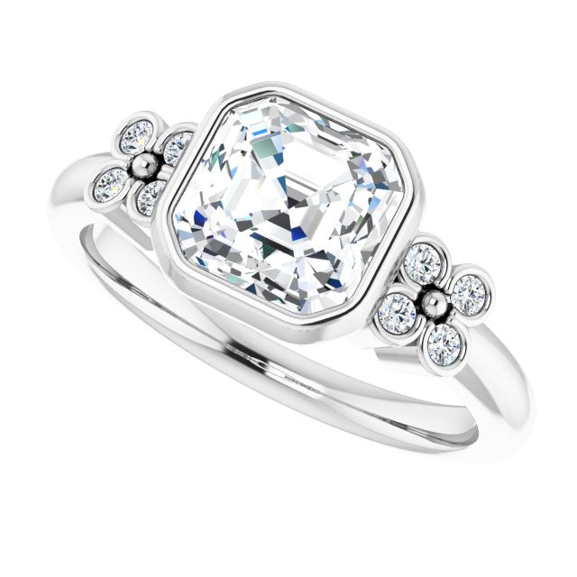 Cubic Zirconia Engagement Ring- The Kjerstin Rose (Customizable 9-stone Bezel-set Asscher Cut Design with Quad Round Bezel Side Stones Each Side)
